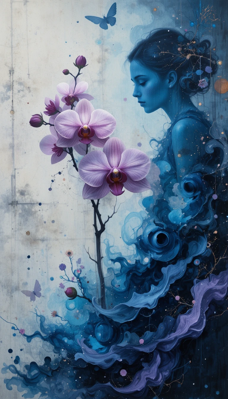 Orquídea surreal de técnica mixta sobre un mar azul y violeta en remolino