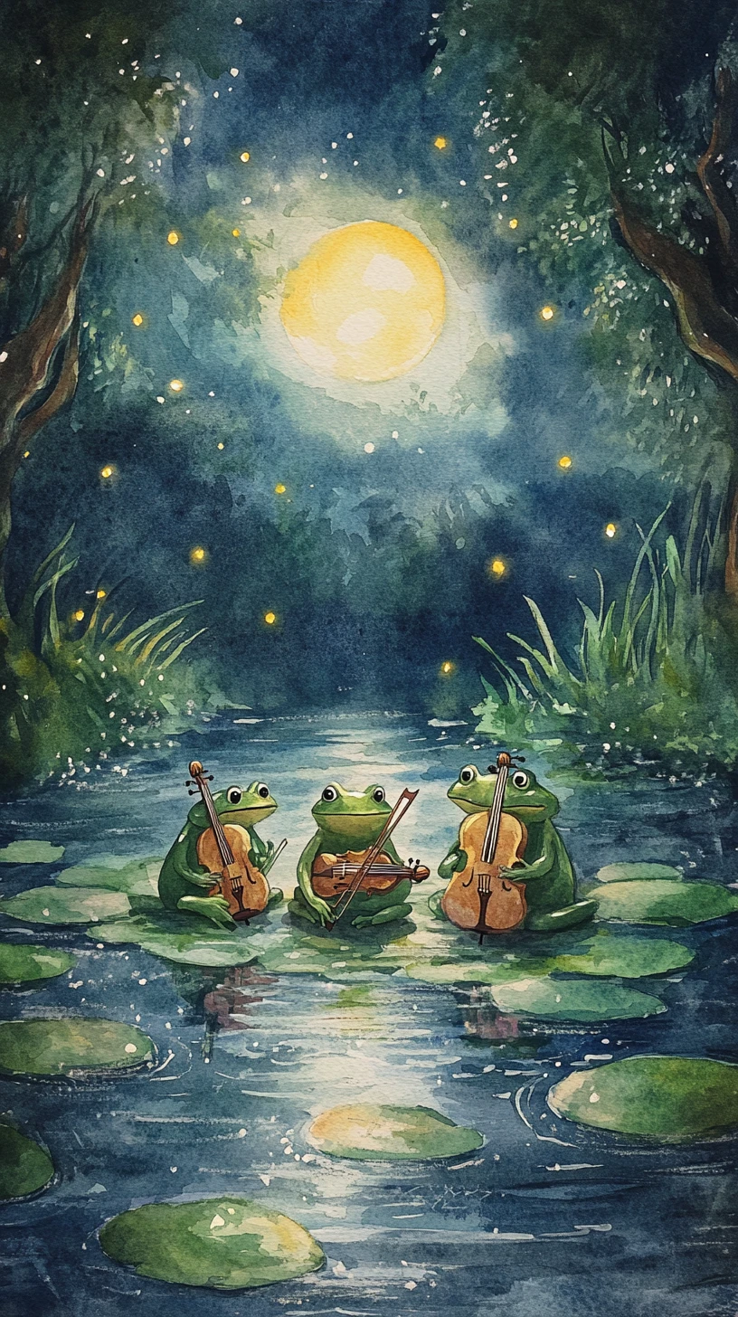 Rãs em aquarela tocando música em um lago ao luar