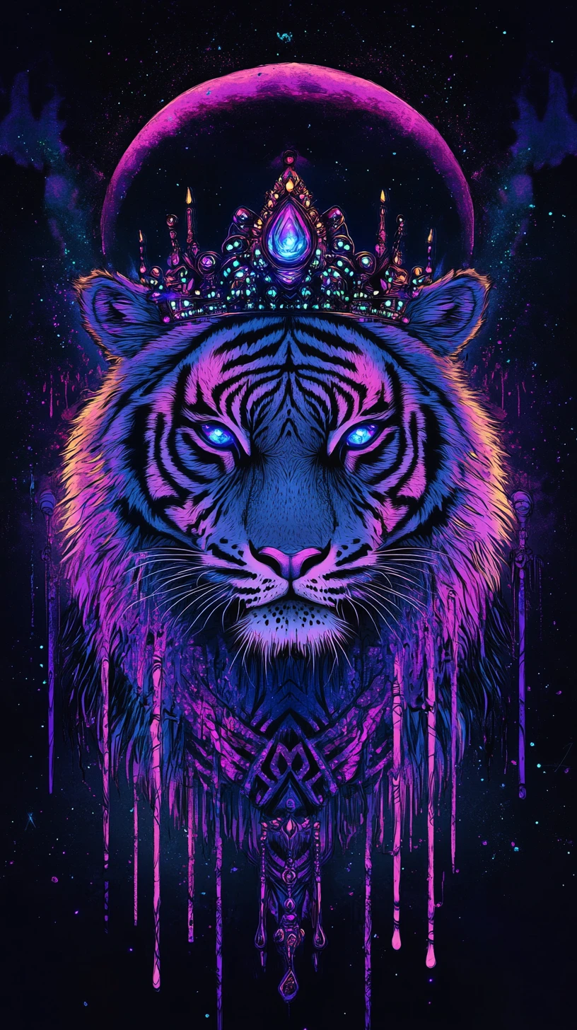 Portrait royal de tigre néon avec couronne de joyaux lumineuse