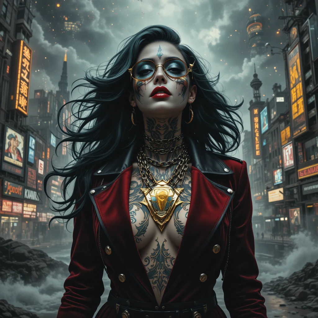 Retrato surreal de uma mulher acorrentada em cidade portuária neon