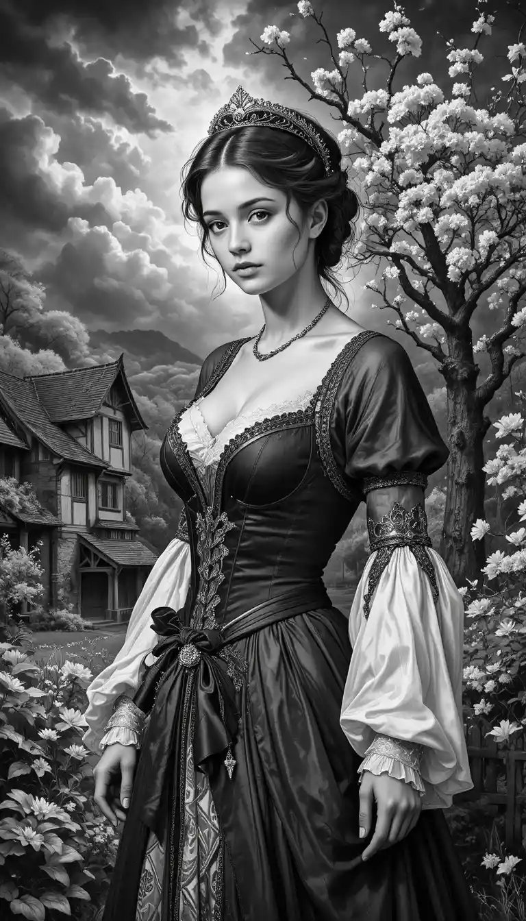 Teenagerin im historischen Kleid unter Kirschblüten