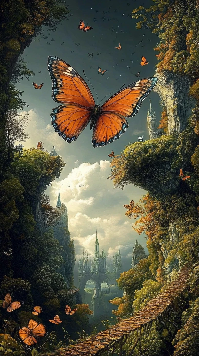Surreal illusion of a butterfly in a multi layered abstract scene