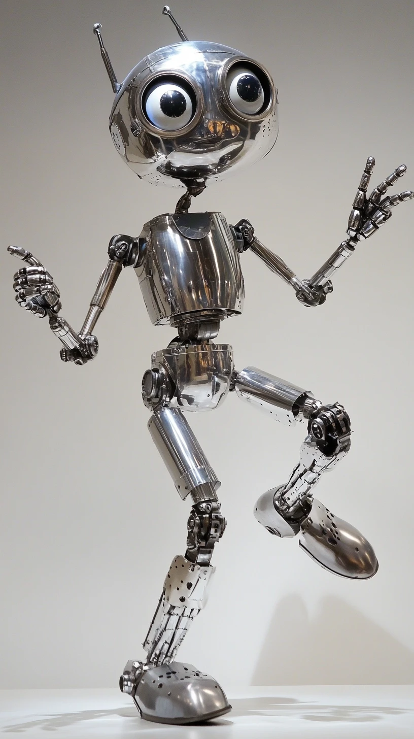 白い背景で踊る陽気な銀色のカートゥーンロボット