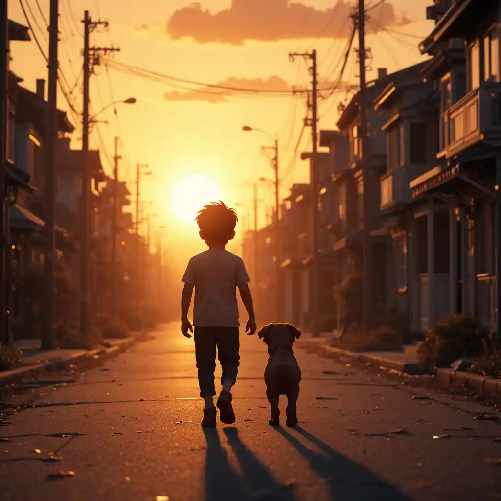 Menino e cachorro em silhueta em uma rua urbana iluminada pelo pôr do sol