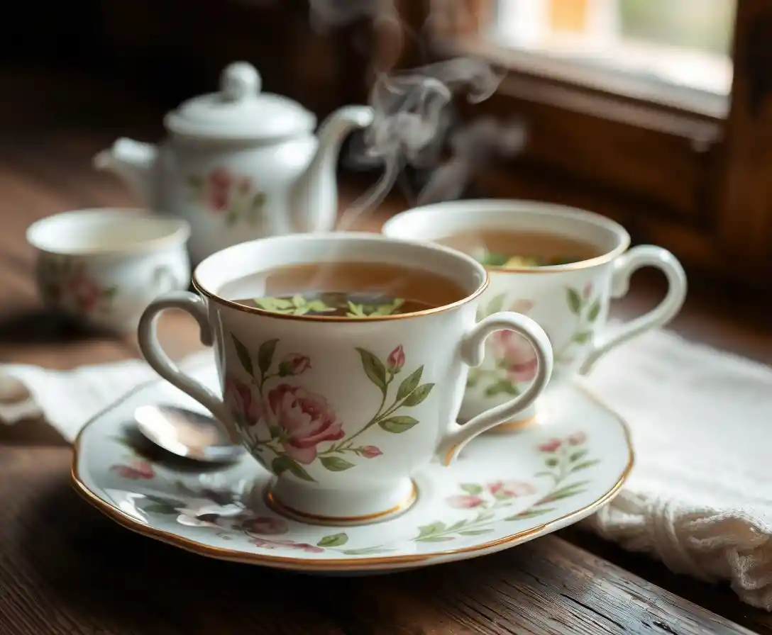 Tisane fumante dans des tasses fleuries sur table en bois rustique