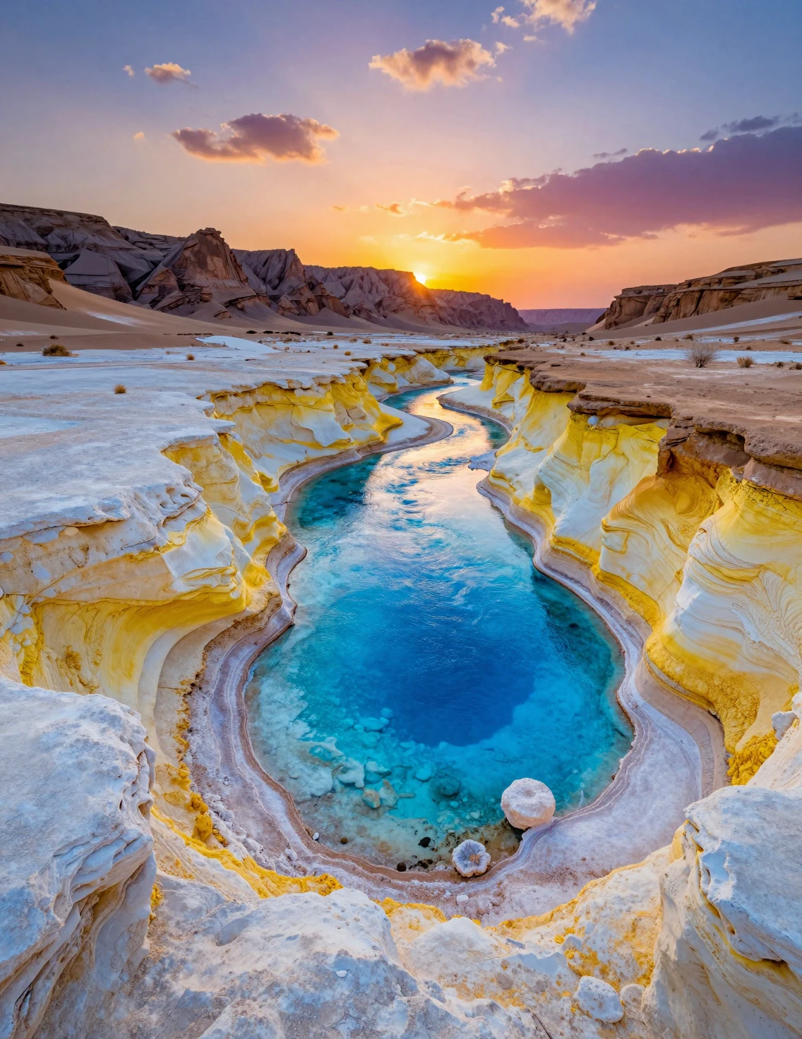 Paisaje desértico al atardecer con piscina azul de oasis y acantilados