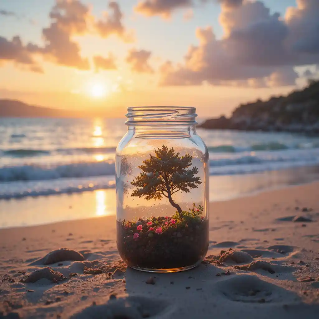 Sunset beach landscape captured inside a clear glass jar