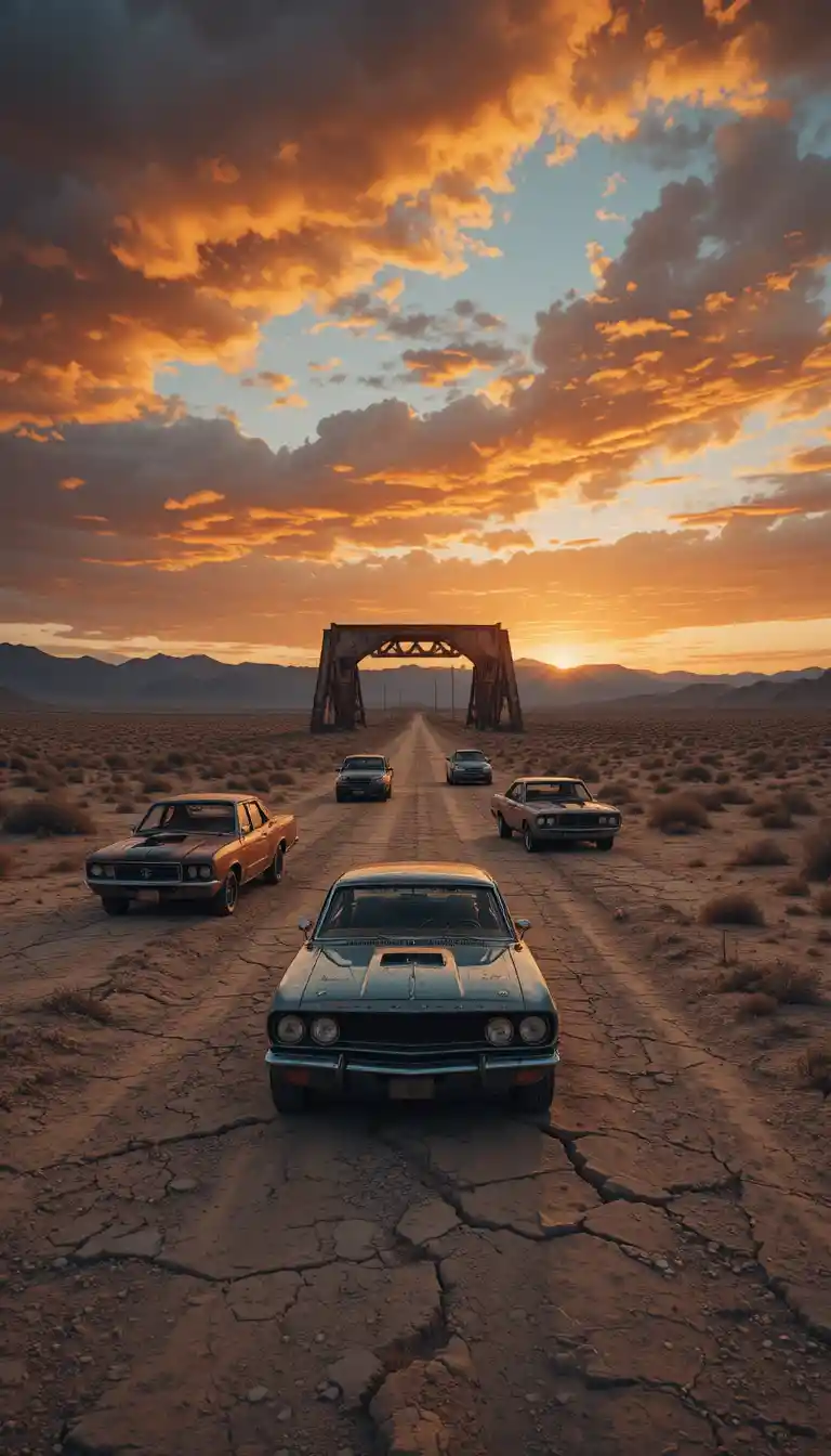 Carros abandonados ao longo de uma estrada deserta rachada ao pôr do sol
