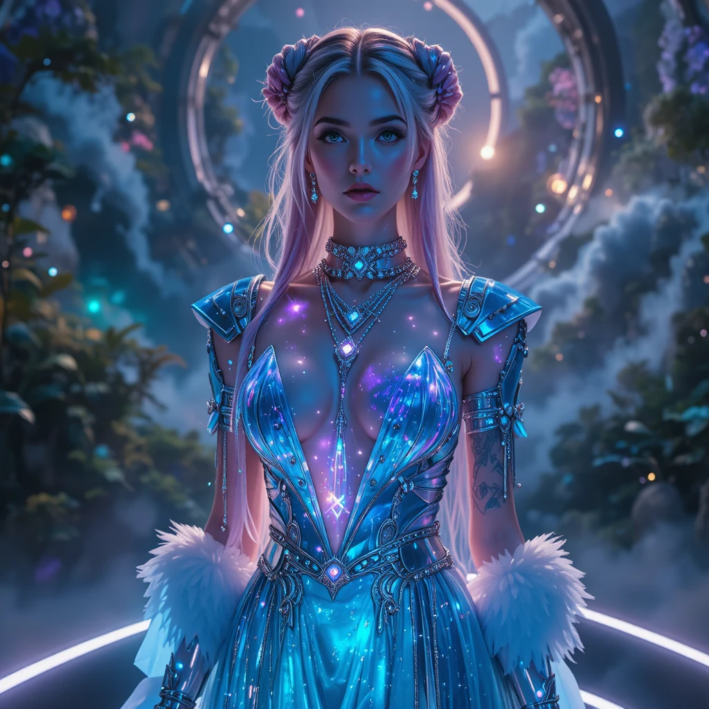 Celestial techno priestess above glowing rainforest canopy