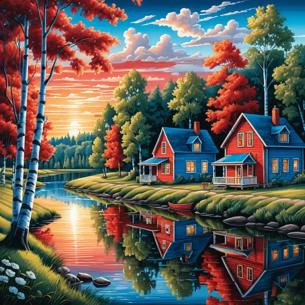 Coucher de soleil estival au bord de la rivière avec bouleaux et maisons