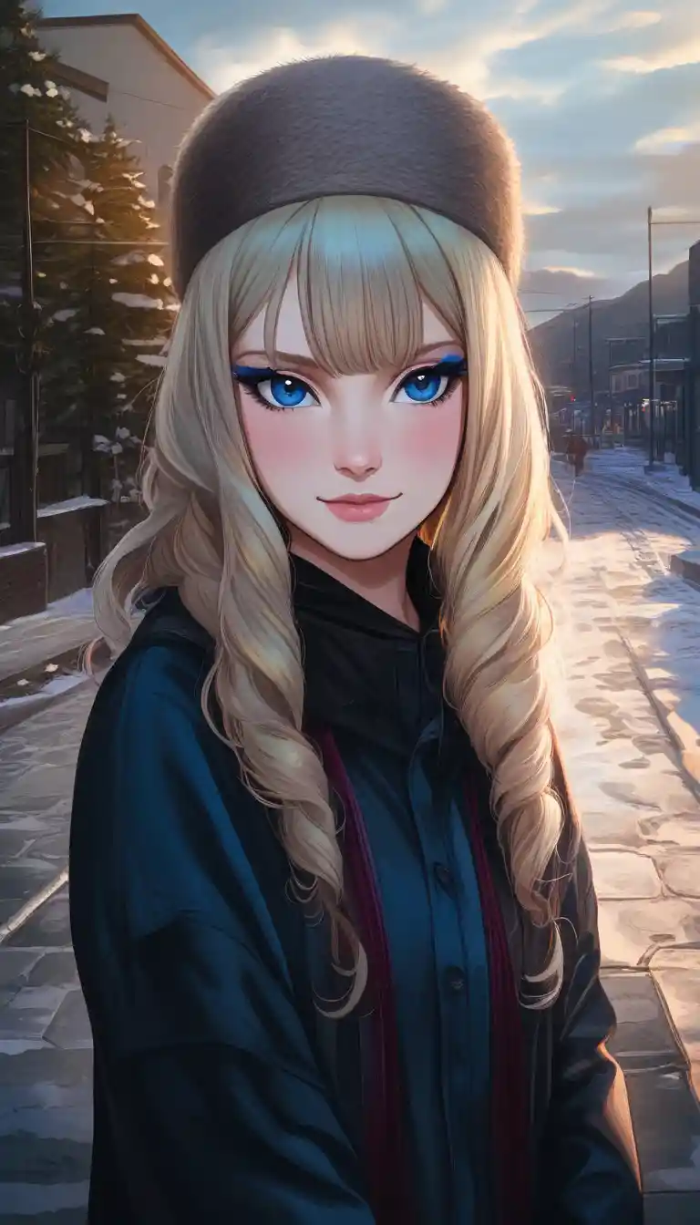 Femme blonde avec chapeau de fourrure bleu dans une élégante scène d’hiver