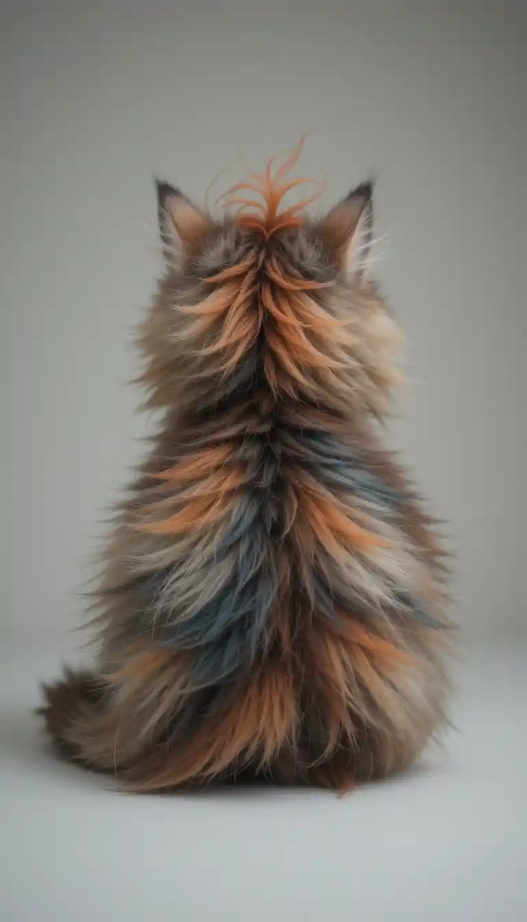 Colorful fluffy kitten with heart shaped tuft on its back