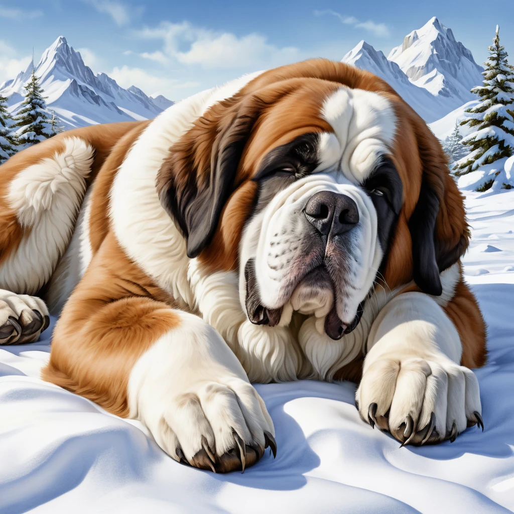 Gigantesco San Bernardo durmiendo plácidamente en la nieve profunda