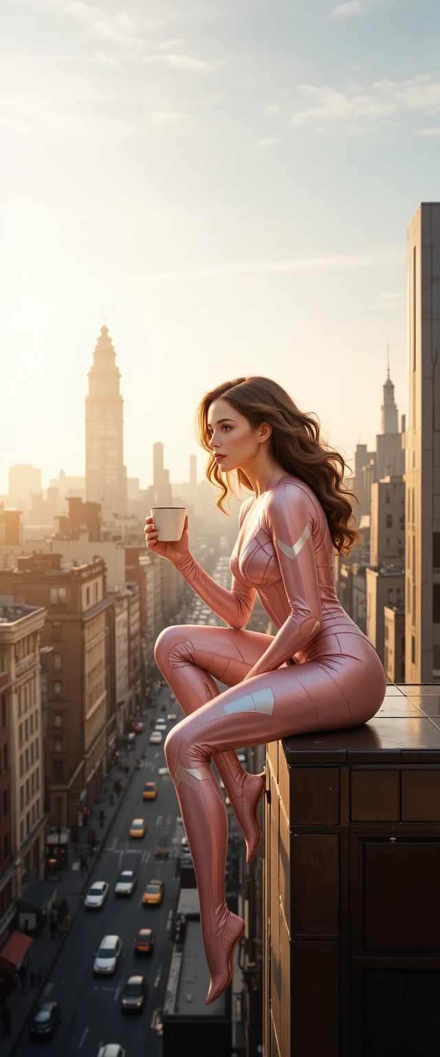 Woman in spider inspired suit over sunrise city skyline