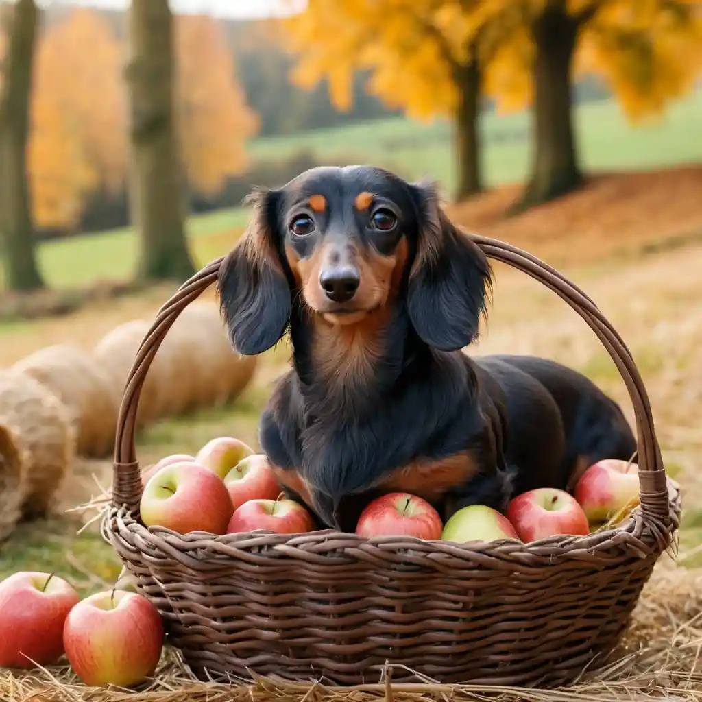 Long haired dachshund close up in autumn landscape with apples