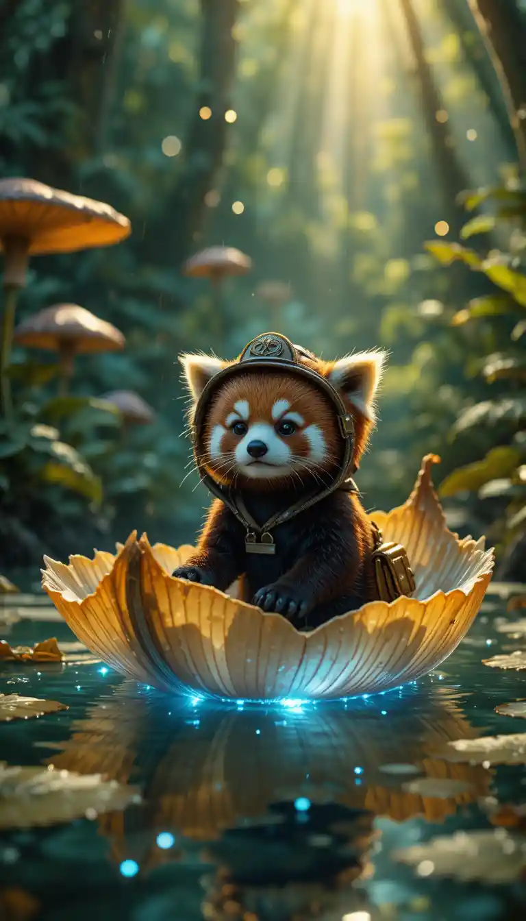 Piccolo panda rosso esploratore su una barca di loto in una foresta luminosa
