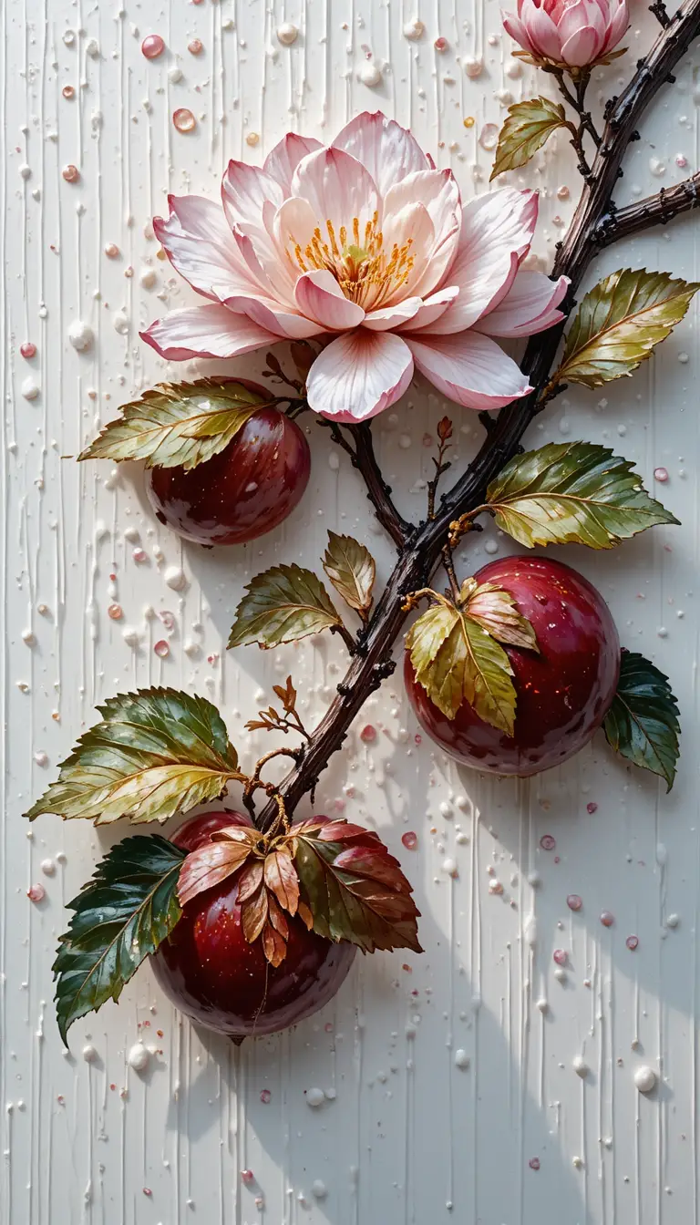 3D glossy impasto apple branch with raindrops on white