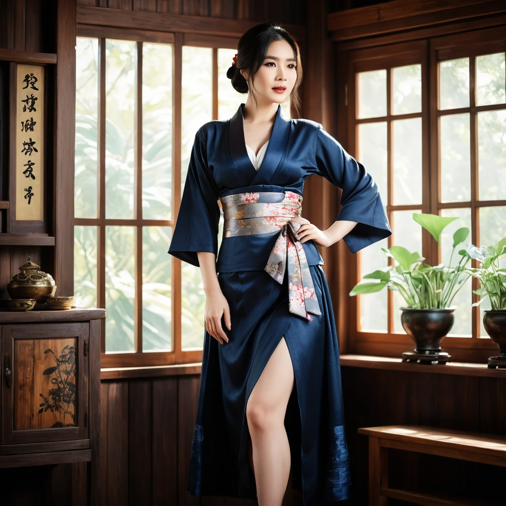 Vietnamesisches Model im Steampunk-Yukata in einem Holzhaus