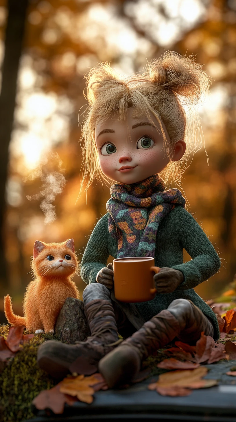 Boneca fofa e gatinho em um carro coberto de folhas de outono