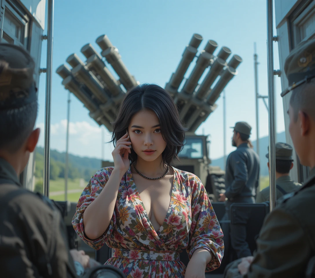 꽃무늬 미니 원피스를 입고 지하철 좌석에 앉아 있는 젊은 여성