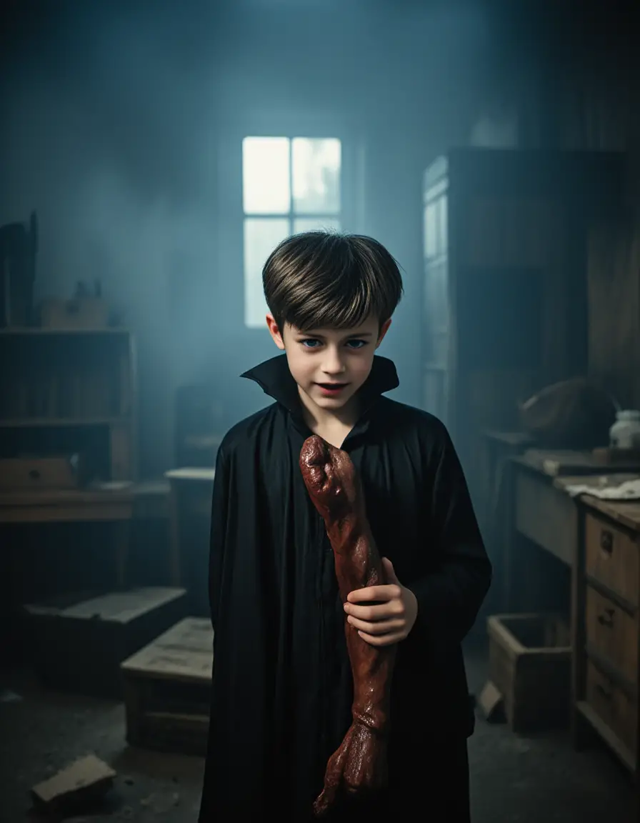 Menino com fantasia monstruosa de Drácula em quarto escuro e enevoado