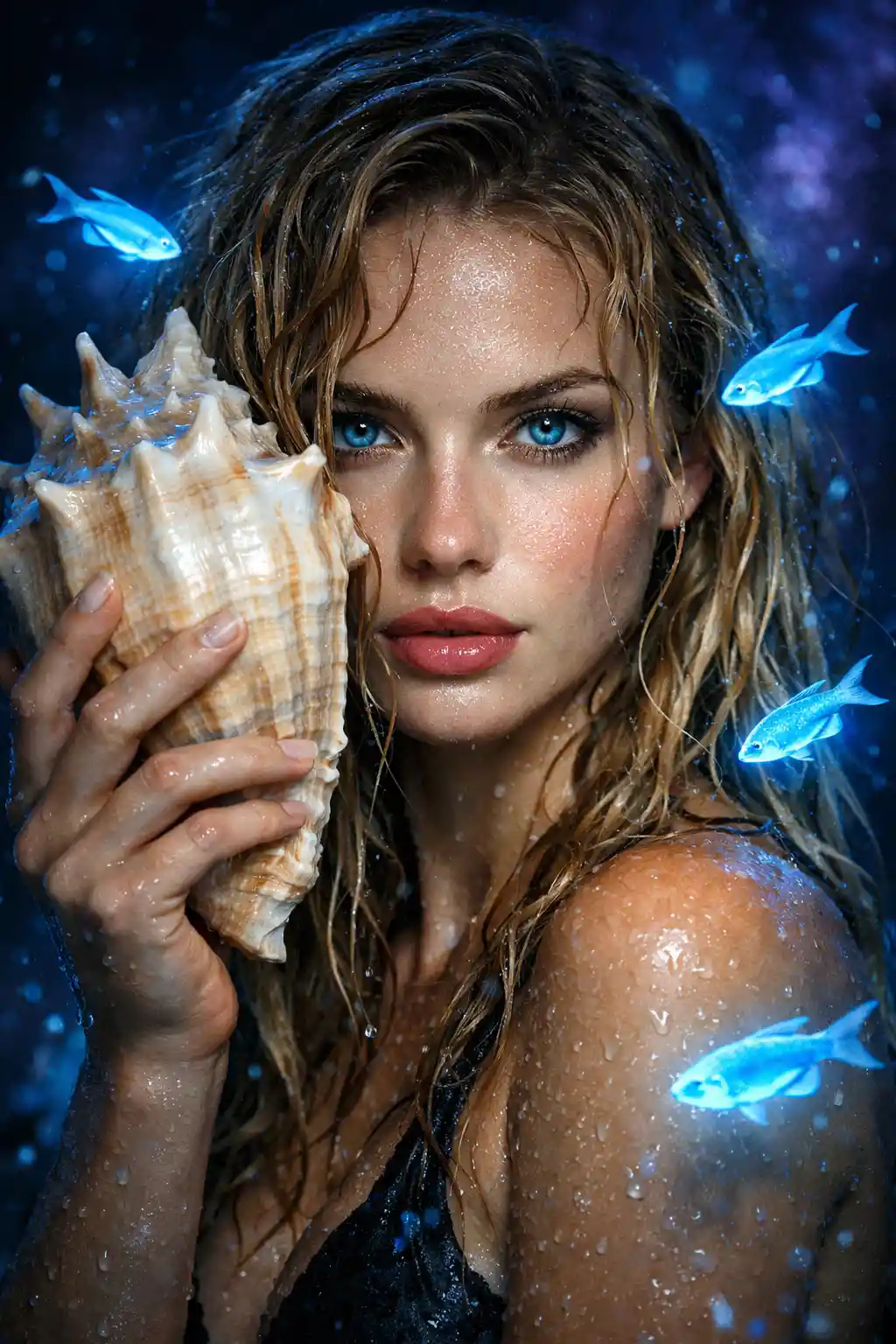 Woman Holding Seashell Among Glowing Fish Underwater