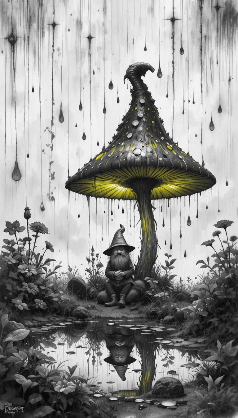 Gnome sous un Champignon Lumineux dans un Jardin Fantastique Pluvieux