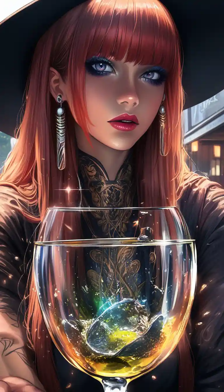 Tattooed woman in hat sipping cocktail in urban night scene