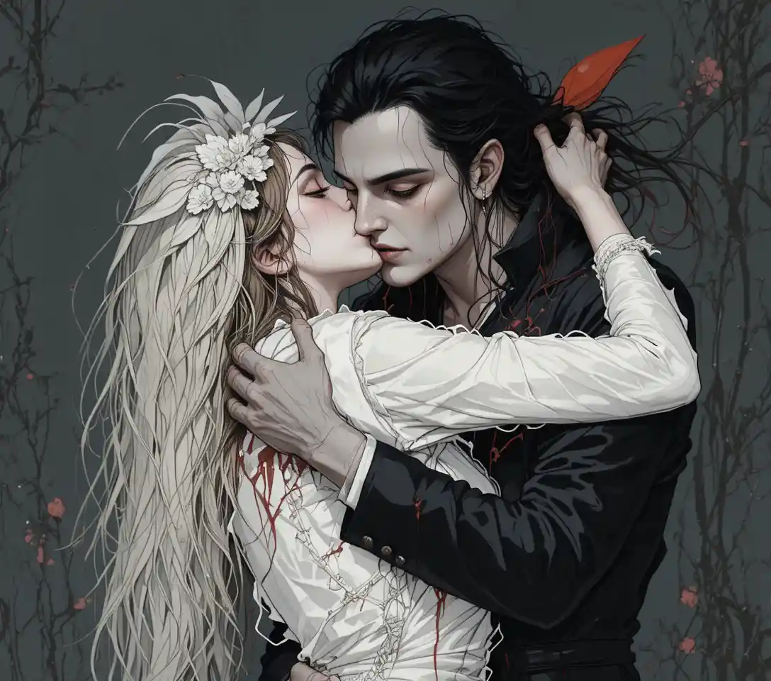 Gothic vampire embracing a fragile woman in night romance