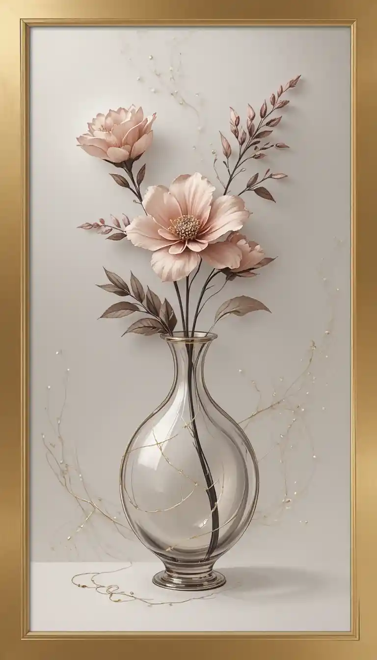 Minimalistisches 3D-Stillleben mit Vase, Blume und Schleier