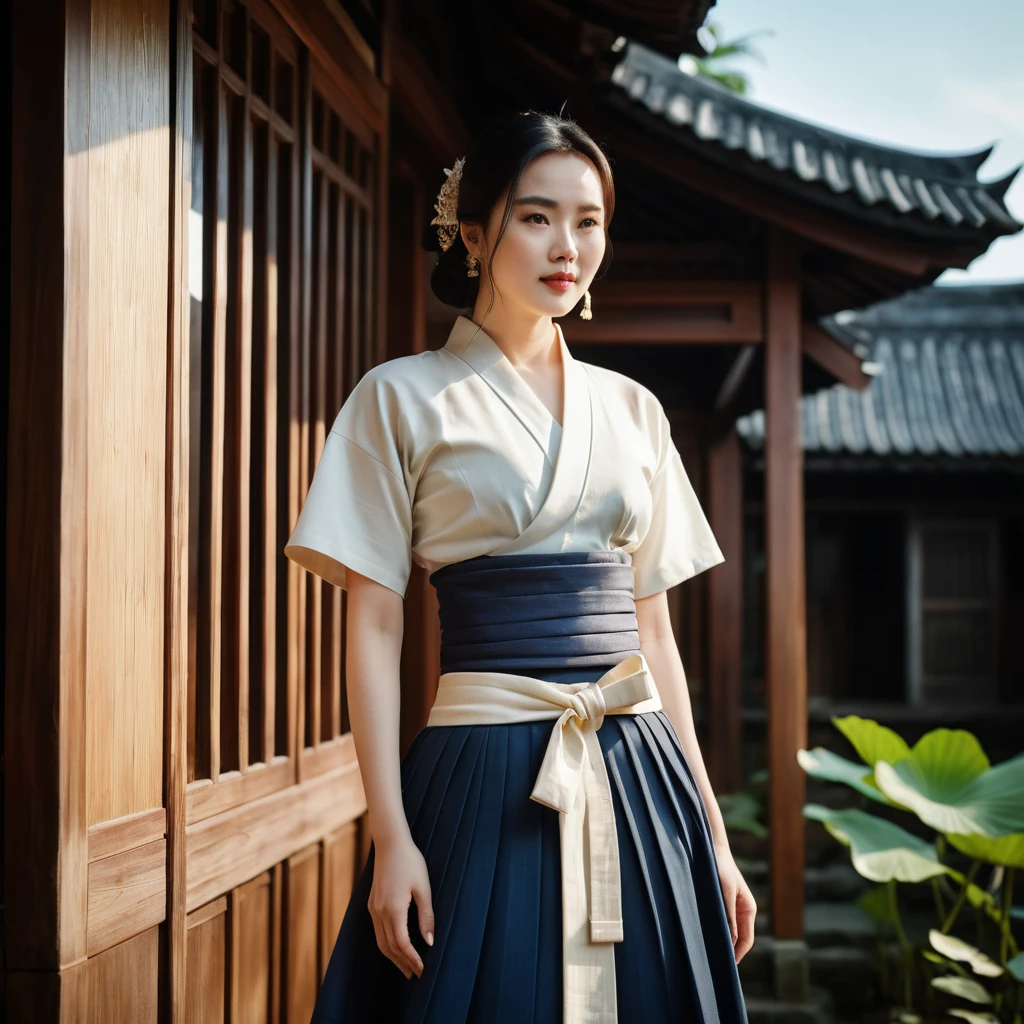 Vietnamesin im Layer-Look in einem traditionellen Haus