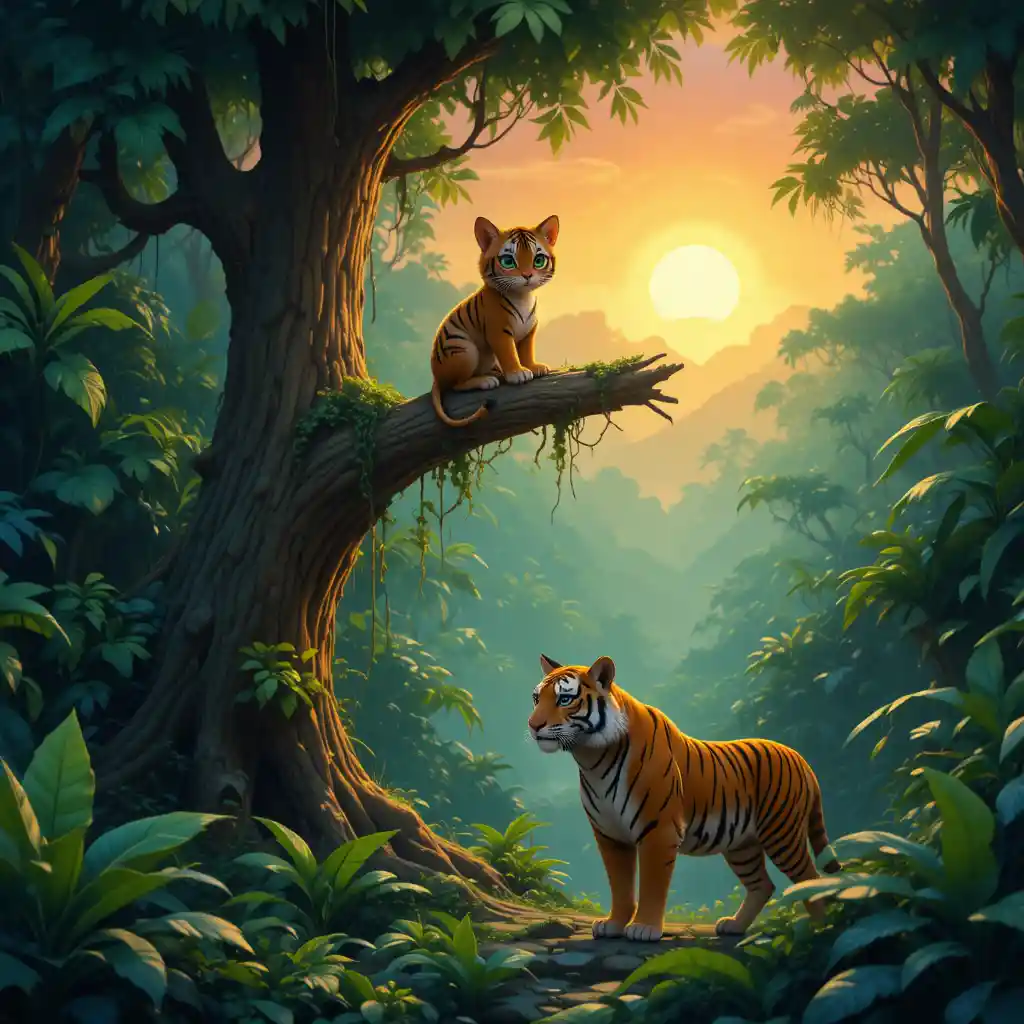Chat sage au-dessus d’un tigre fier dans une jungle au lever du soleil
