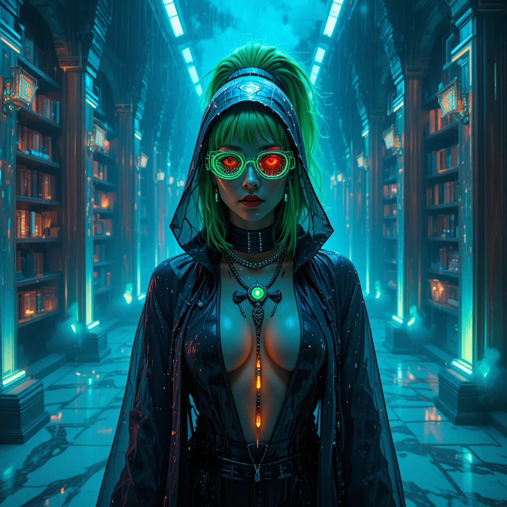 Cyberpunk-Orakelporträt in einer versunkenen Neonbibliothek