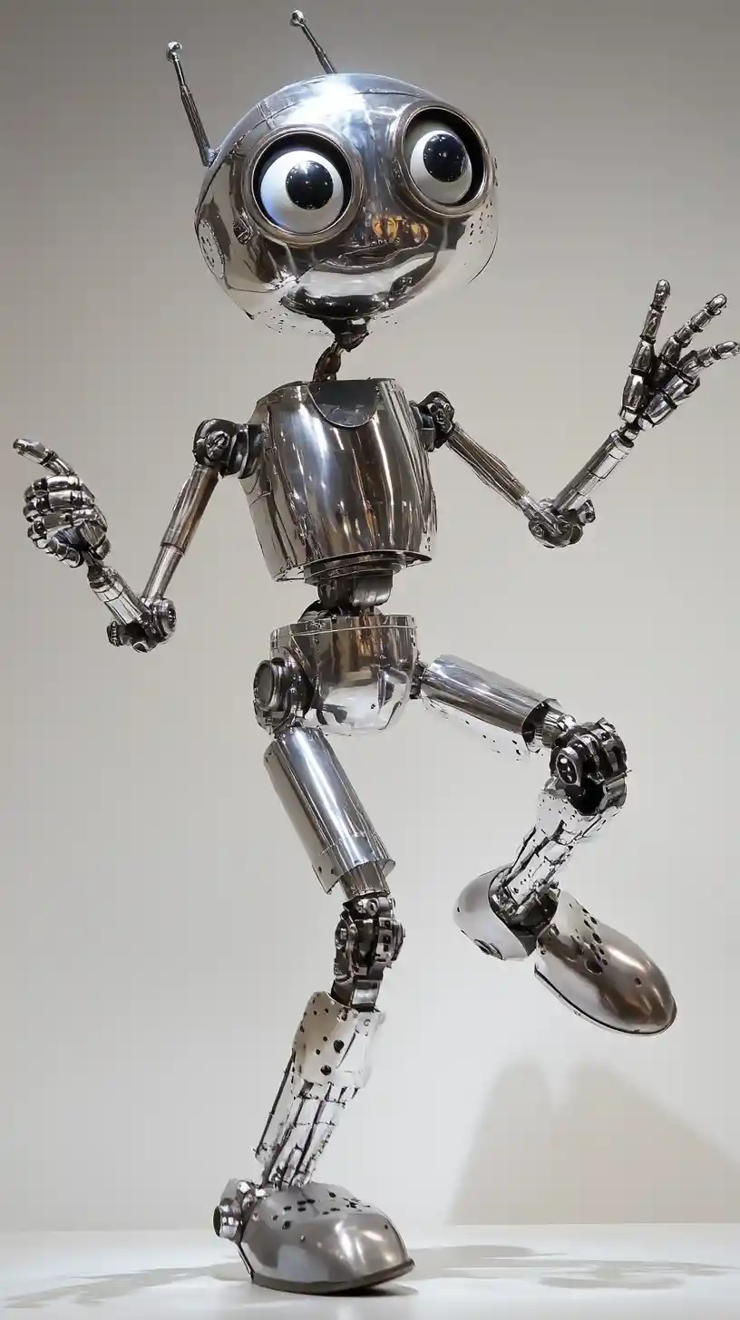 Joyful silver cartoon robot dancing on white background
