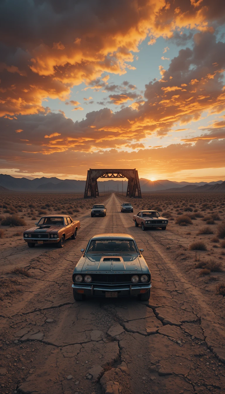 Carros abandonados ao longo de uma estrada deserta rachada ao pôr do sol
