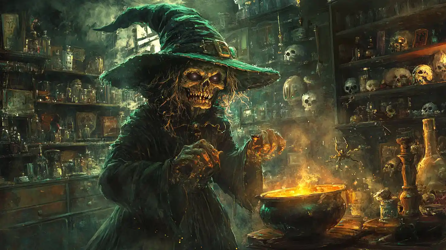 Strega che sogghigna mentre mescola un calderone bollente di magia oscura
