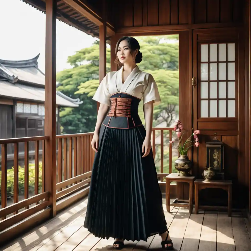 Mujer vietnamita con yukata steampunk en casa de madera