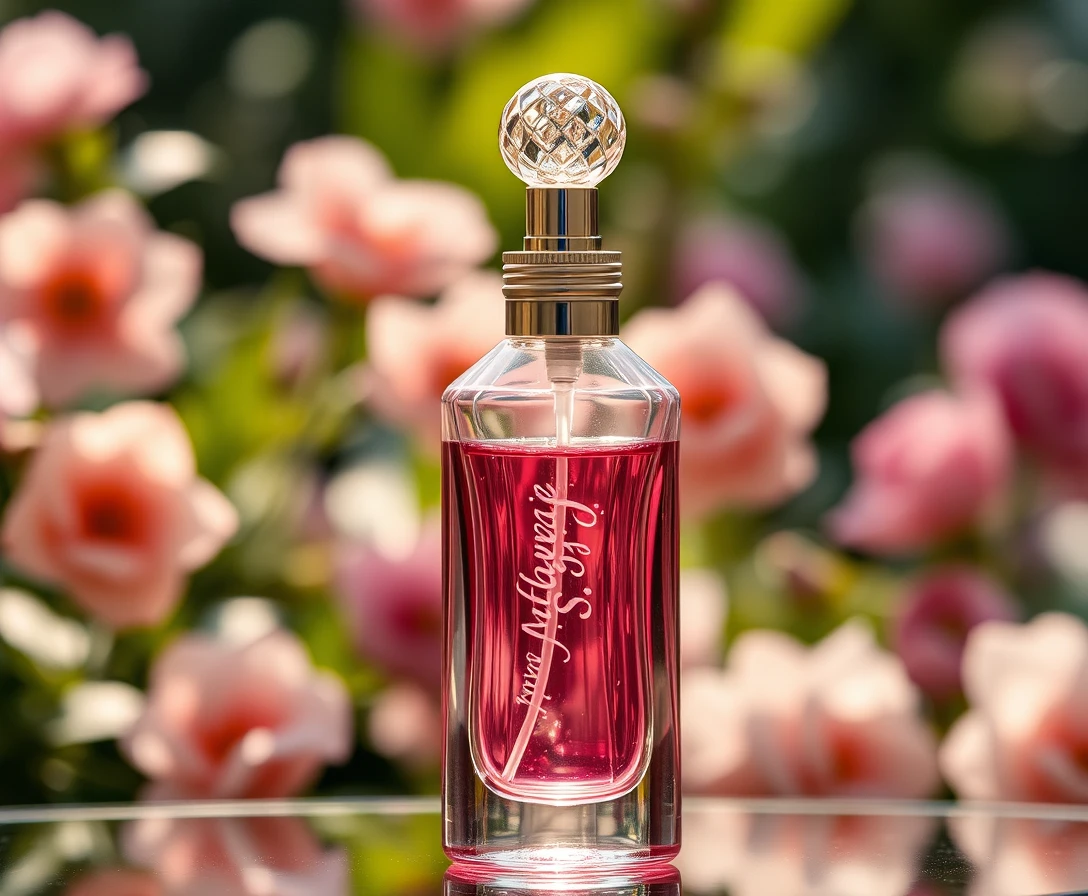 Elegante Parfümflasche aus Glas mit schimmernder rosa Flüssigkeit