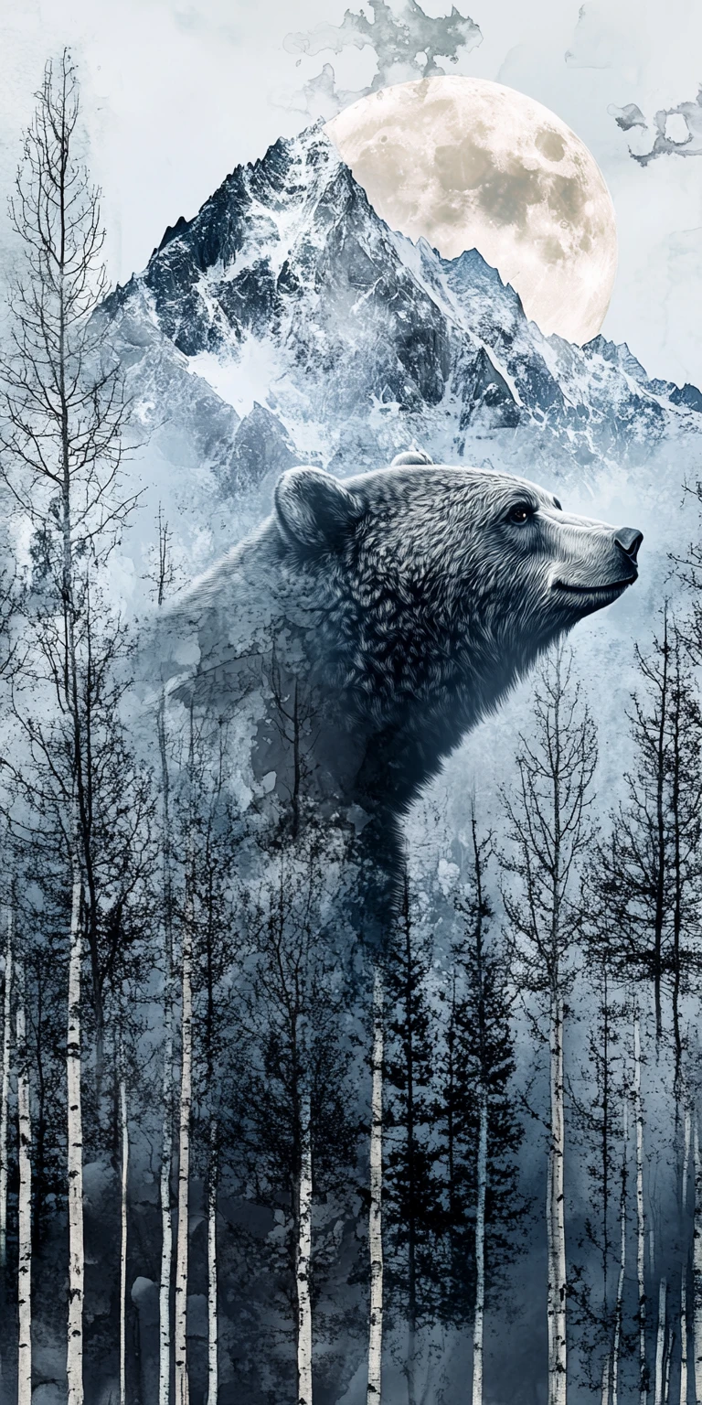 Surreal Bear In Moonlit Winter Forest With Mountains