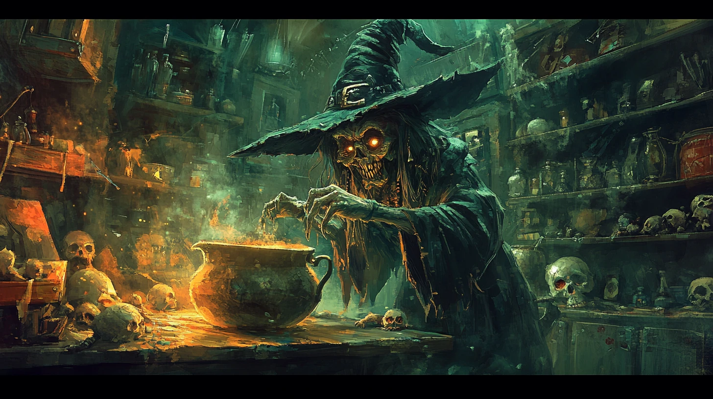 Sorcière maléfique riant au-dessus d’un chaudron magique bouillant
