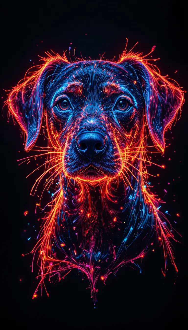 Neon light painting close up sketch of a glowing dog face