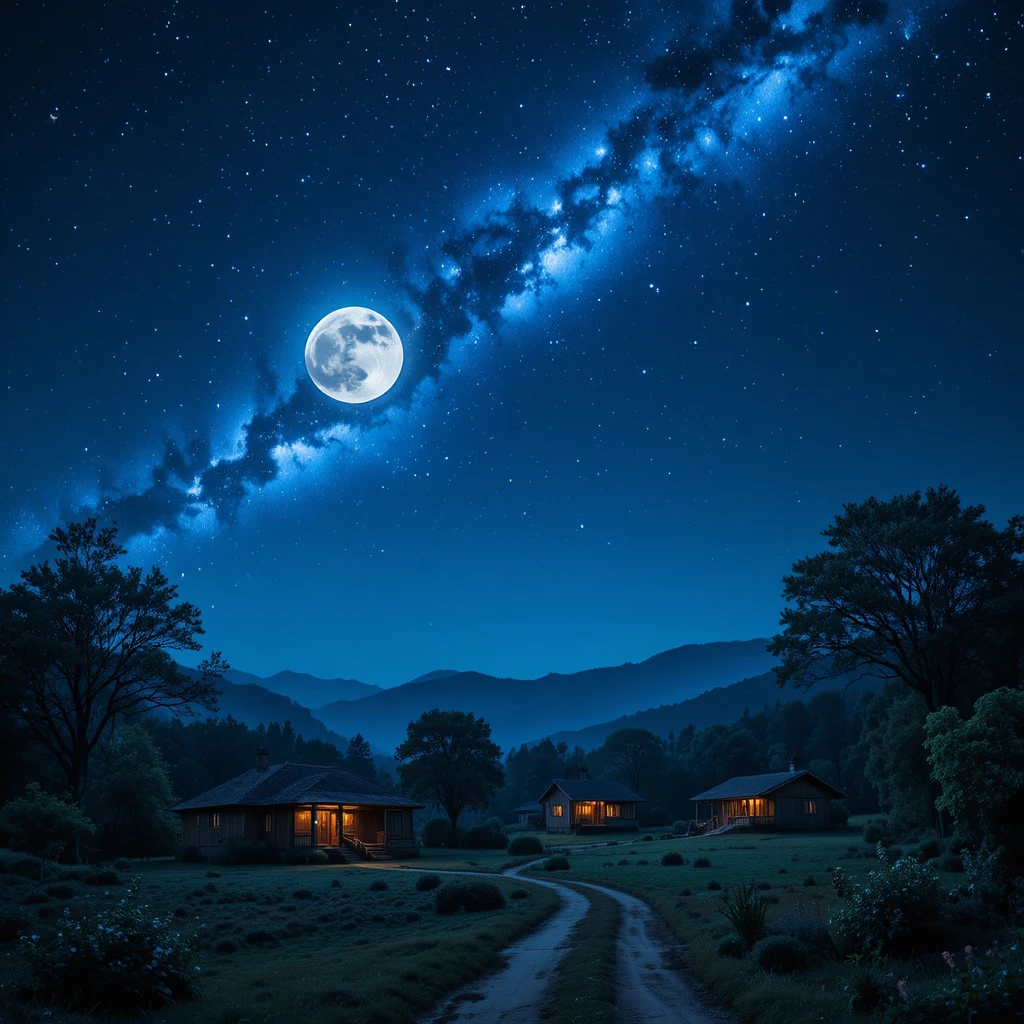 Villaggio medievale fantasy sotto un cielo notturno blu intenso