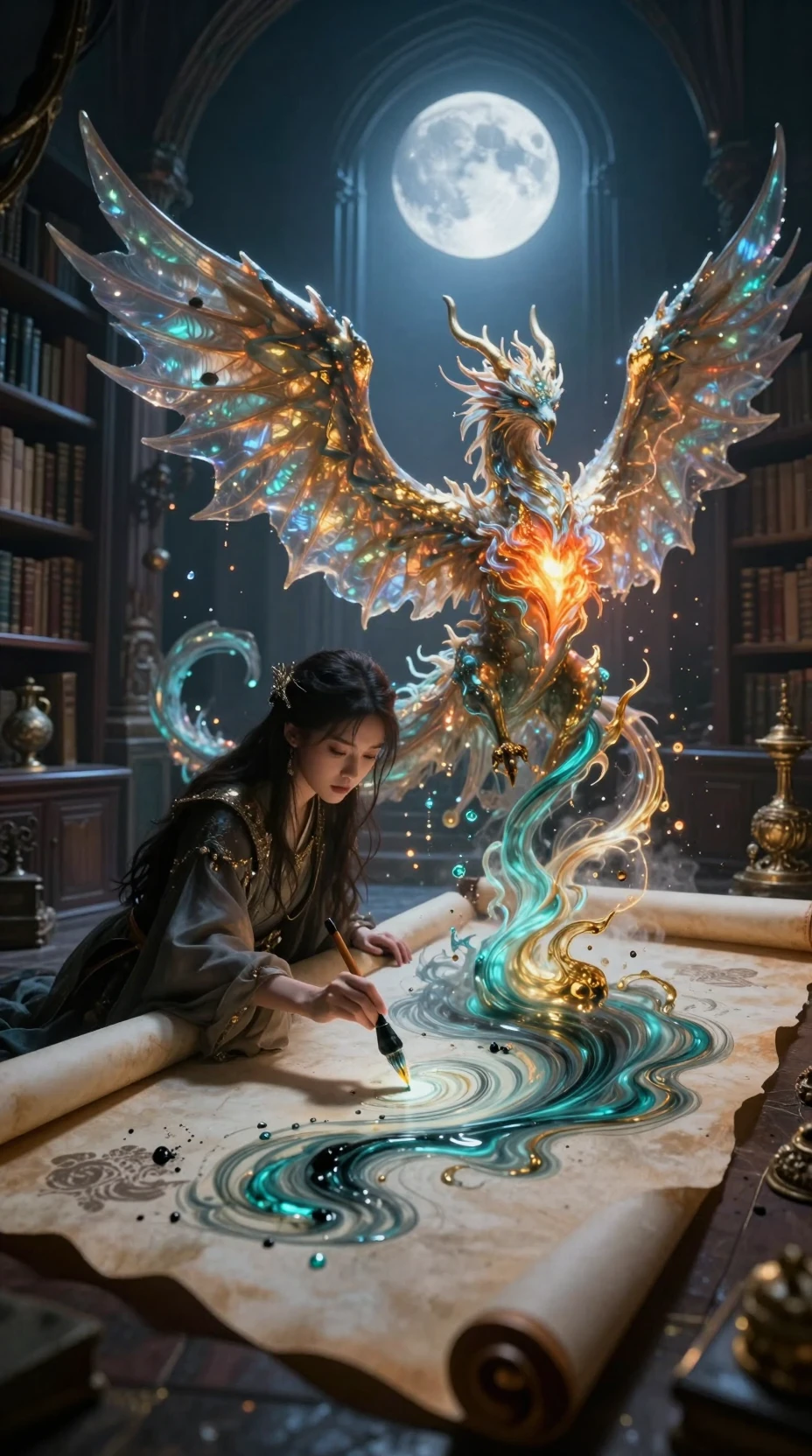 Jovem feiticeira pintando um dragão fênix em uma biblioteca ao luar
