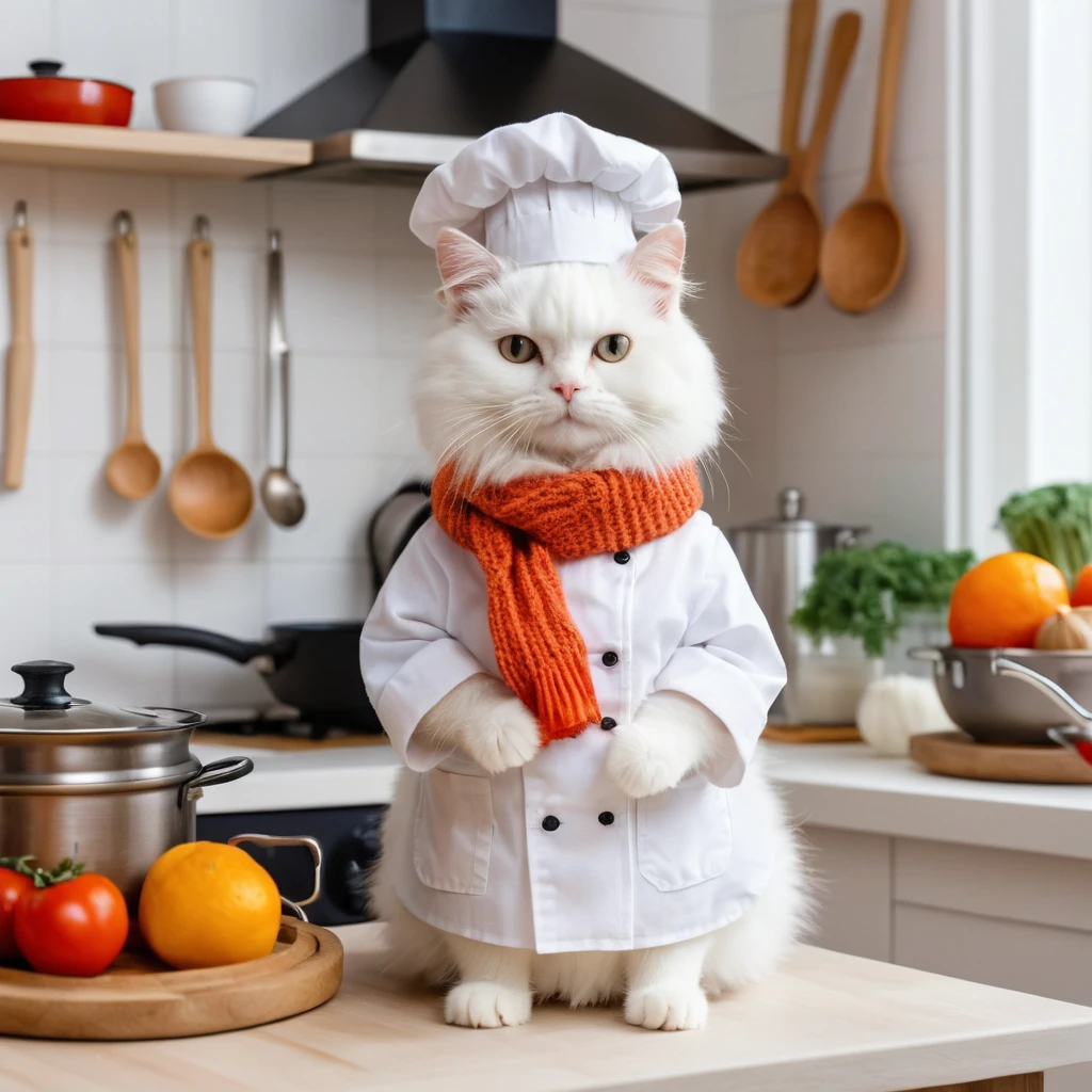 Chat cuisinier blanc et duveteux dans une cuisine d’hiver cosy