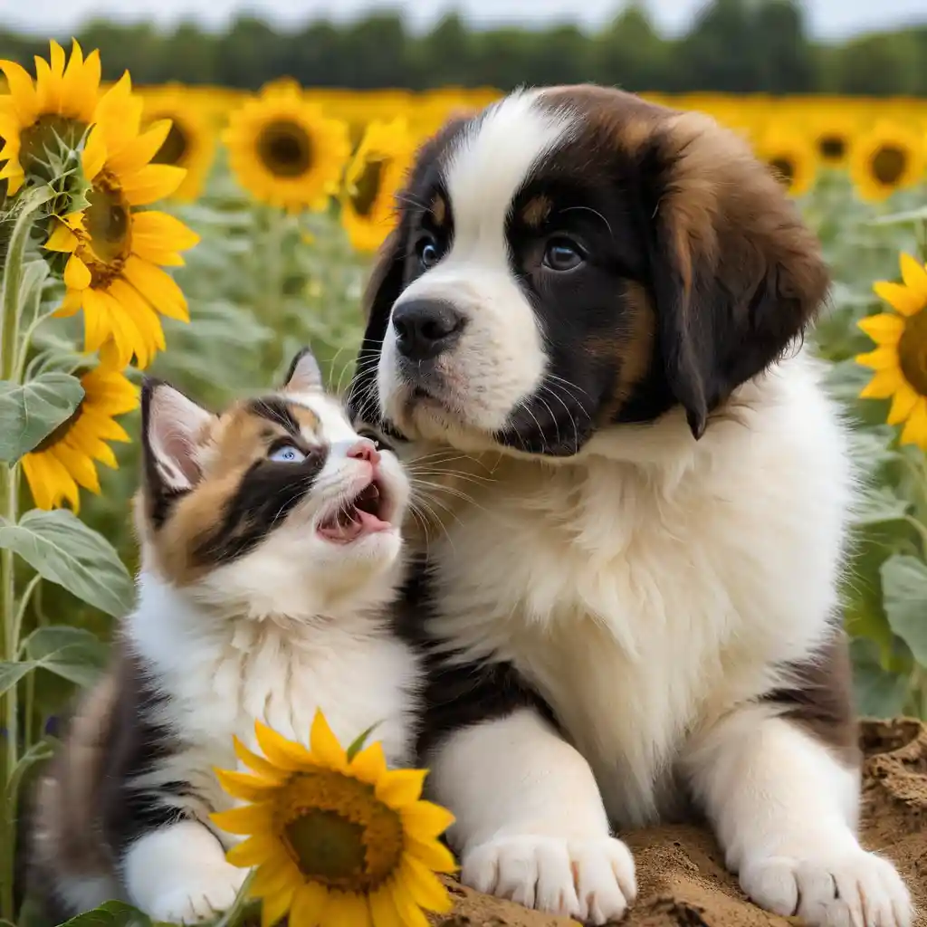 Chaton et chiot Saint-Bernard jouant dans un champ de tournesols