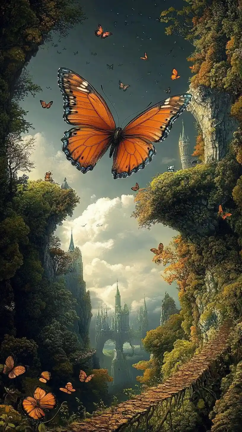 Ilusión surrealista de una mariposa en una escena abstracta multicapa
