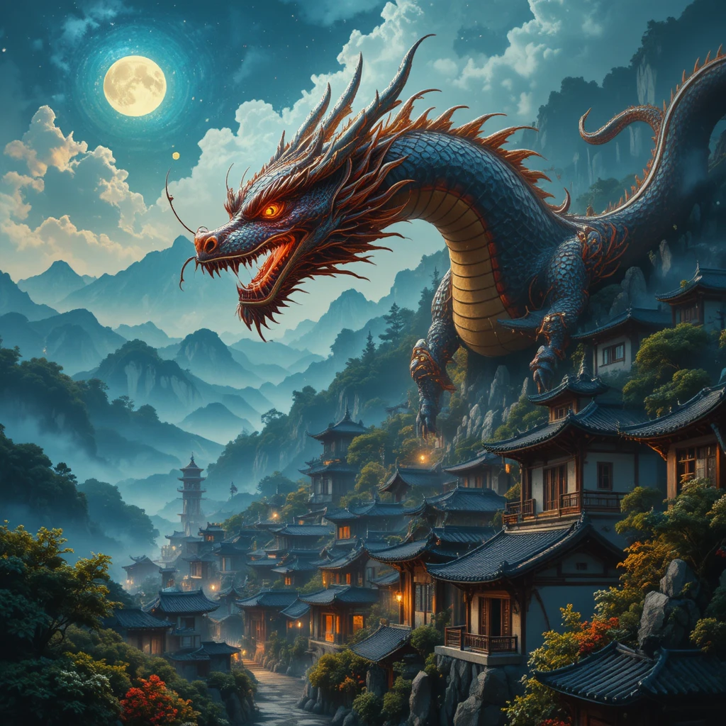 Maestoso drago che sorvola un colorato villaggio fantasy