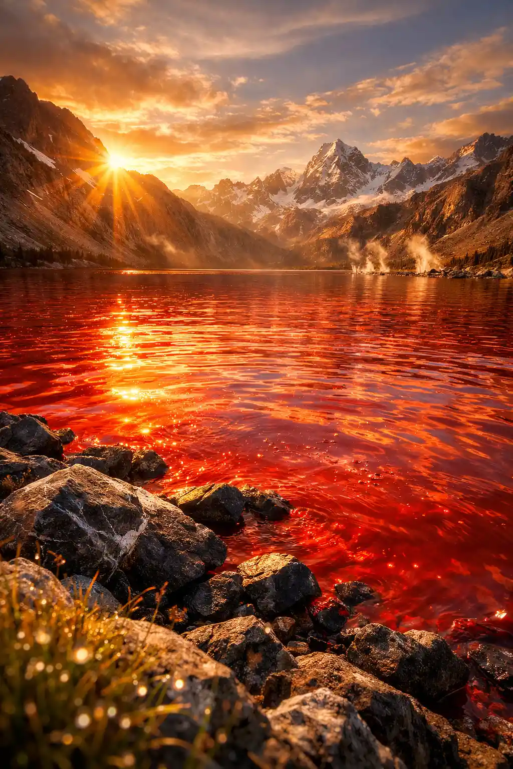 Lac alpin cramoisi illuminé par un dramatique coucher de soleil sur les montagnes