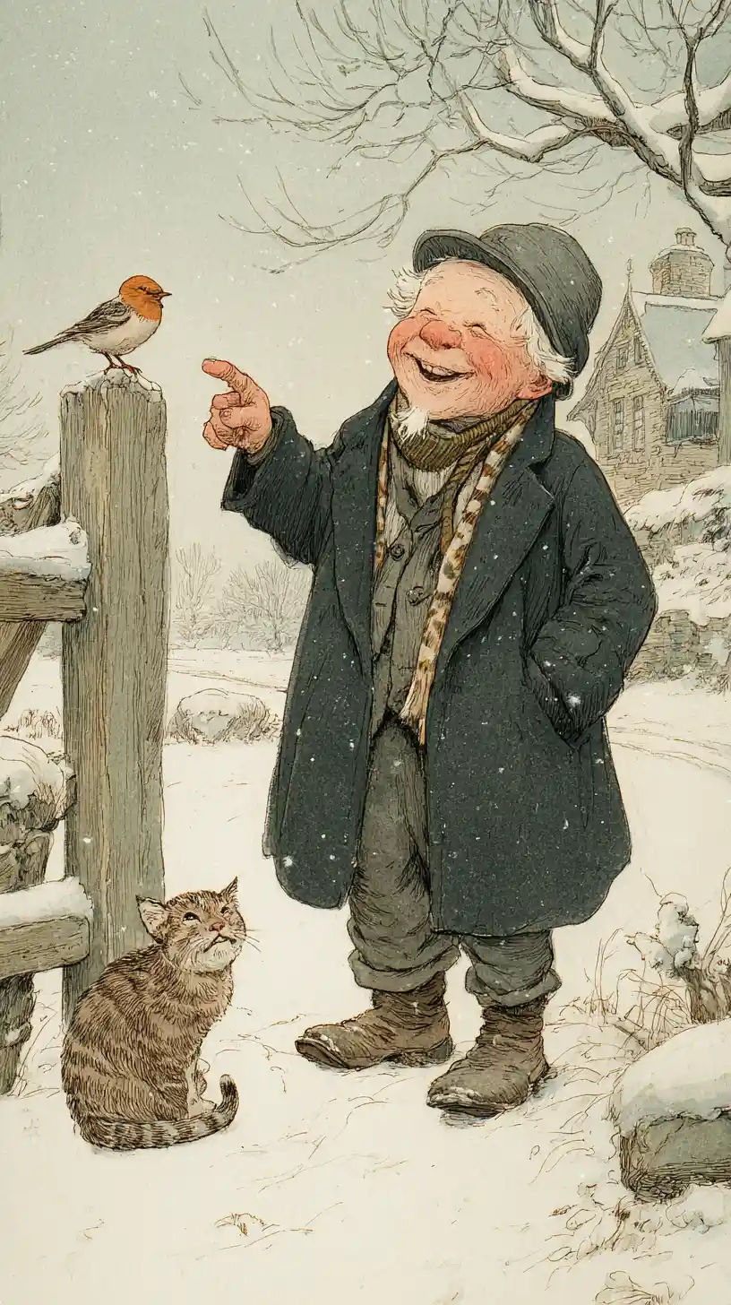 Homme Âgé Joyeux avec Oiseau dans un Paysage d’Hiver Enneigé