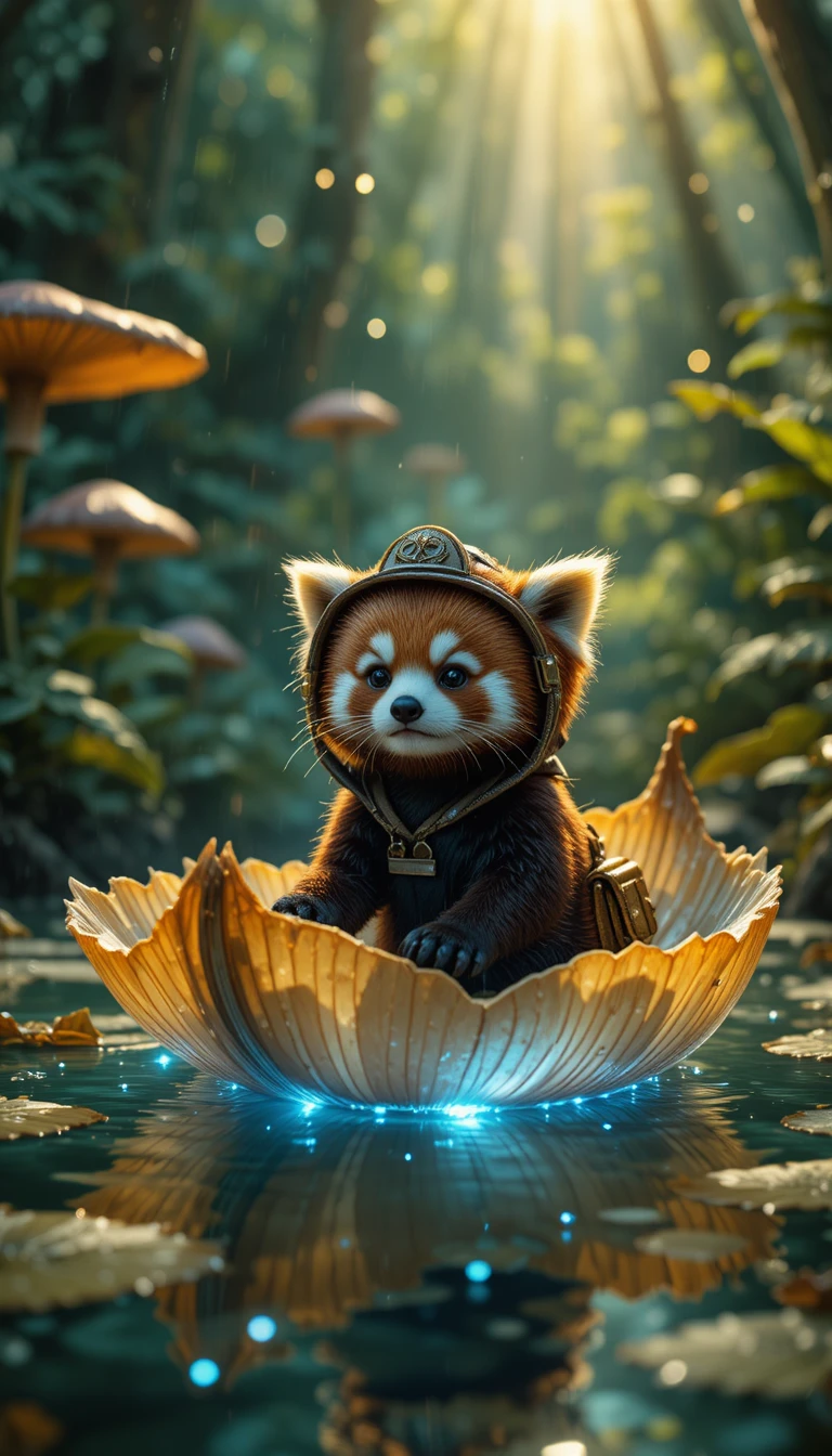 Piccolo panda rosso esploratore su una barca di loto in una foresta luminosa